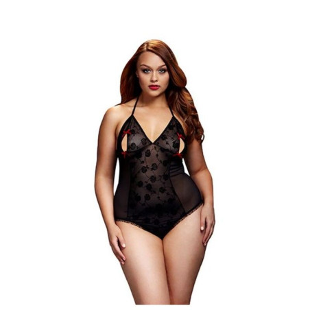 Body & Reggiseno in Pizzo Nero con Fiocco Rosso Taglia Grande Baci Lingerie BW3112